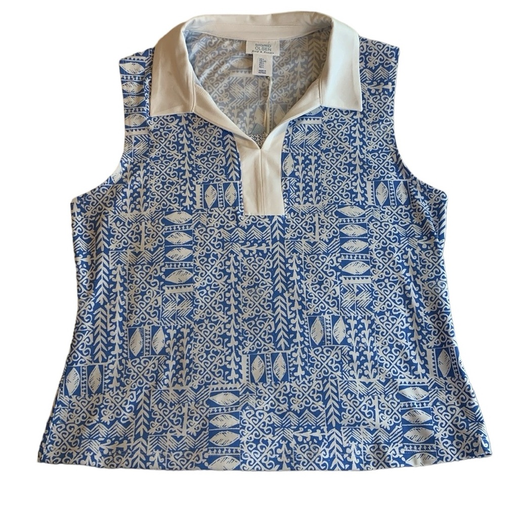 NWT Sigrid Olsen Golf Polo Womens Large Blue Tennis Collar Top Quick Dry FPS 50